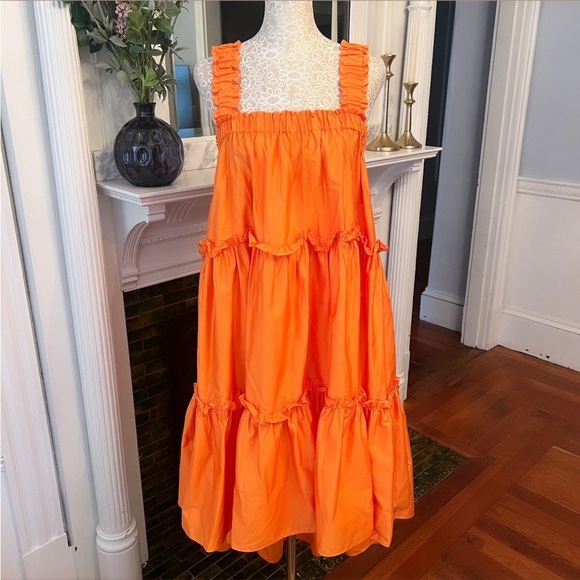 DEVOTION TWINS Bright Orange Cotton Poplin Sleeveless High-Lo Midi Dress OSFM - Picture 3 of 15